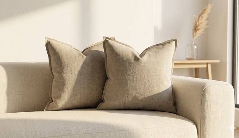 neutral color palette living room greige linen cushion set on cream sofa