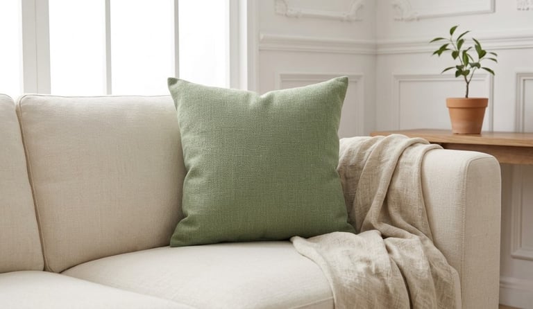 sage green living room color scheme with sage velvet cushion cream sofa and natural linen throw