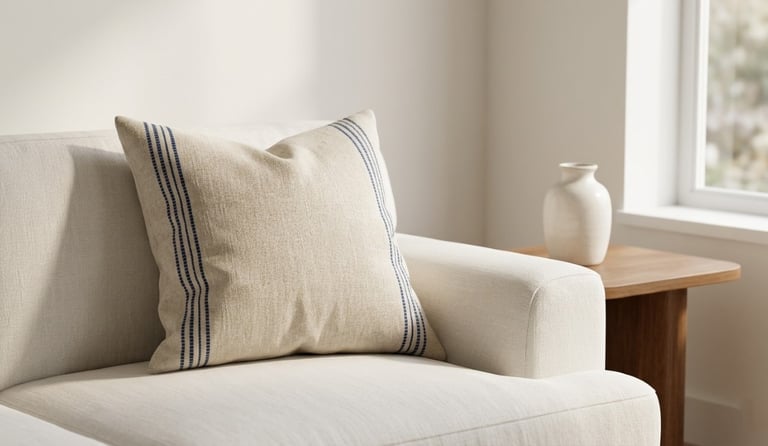 warm neutral color palette living room 2026 navy stripe linen cushion on cream sofa natural light