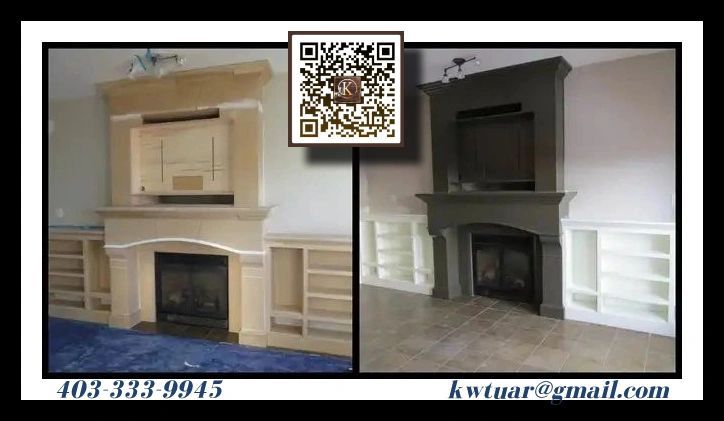 Before and after comparison of a custom fireplace mantel renovation with built-in shelving.