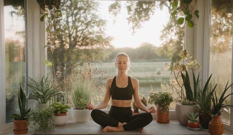 A serene setting where a woman is seated in a meditative pose on a windowsill. The windowsill is ado