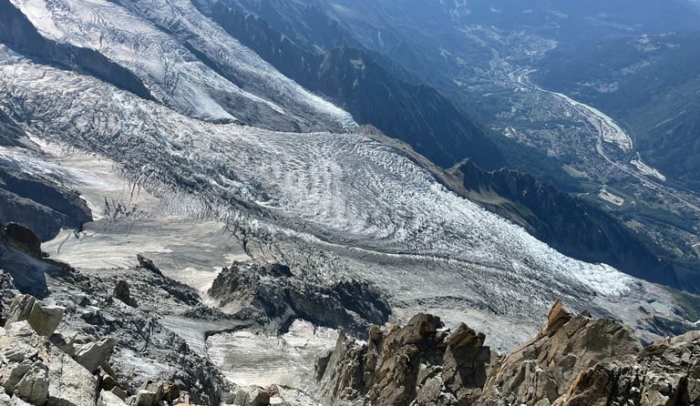 view from the Aguille du midi of the bossons glacier, chamonix, france