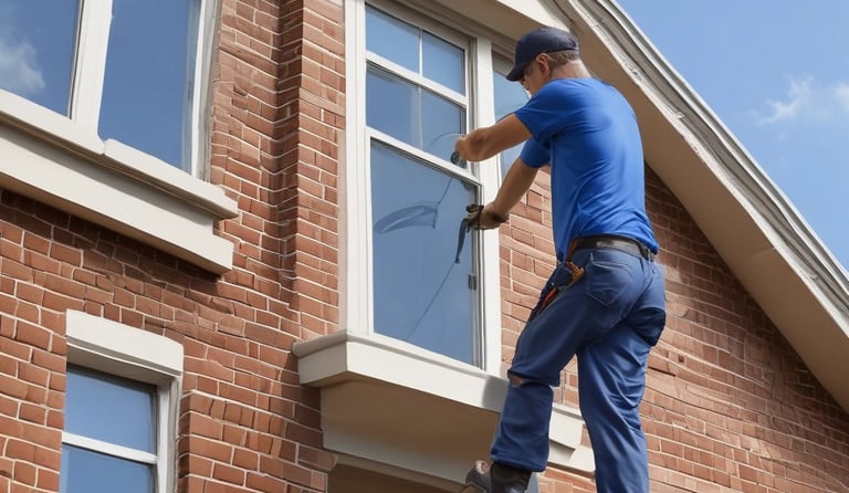 A professional cleaner carefully washing the exterior windows of a modern suburban home.