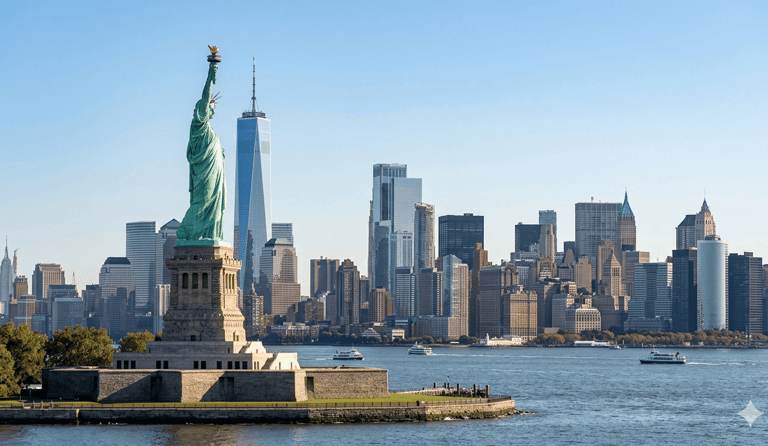 Estátua da Liberdade com skyline de Nova York ao fundo.