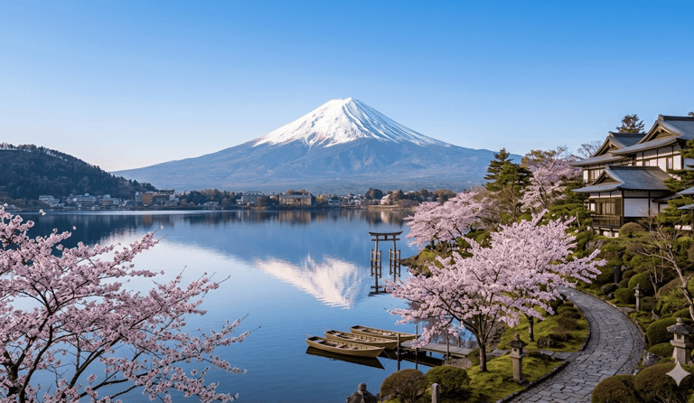 Monte Fuji com paisagem tradicional japonesa.