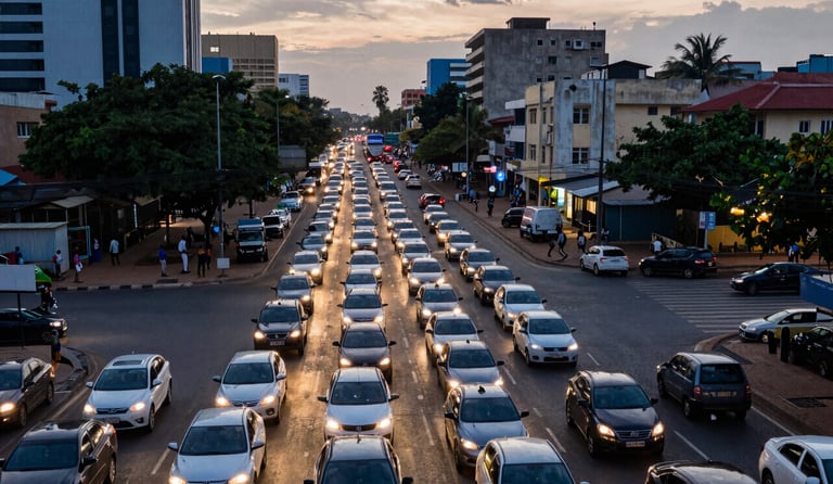 A high-angle view of a busy Abidjan intersection at sunset, showing a dense gridlock of cars with glowing headlights. The urban landscape includes modern buildings and tropical greenery. The mood is tense, highlighting the challenge of rapid ground response. Professional photography in medium blue and warm light tones.