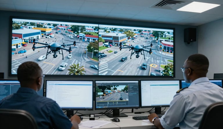 Interior of a high-tech security operations center. Two professional African / Ivorian operators are focused on large high-definition monitors displaying live aerial drone footage of a commercial zone. The lighting is cool blue and white, conveying high technology and professional authority.