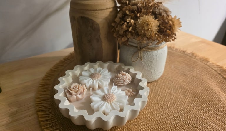 Elegant decorated creamy soy wax wavy bowl. Neutral colours. Stunning florals with calming scent.