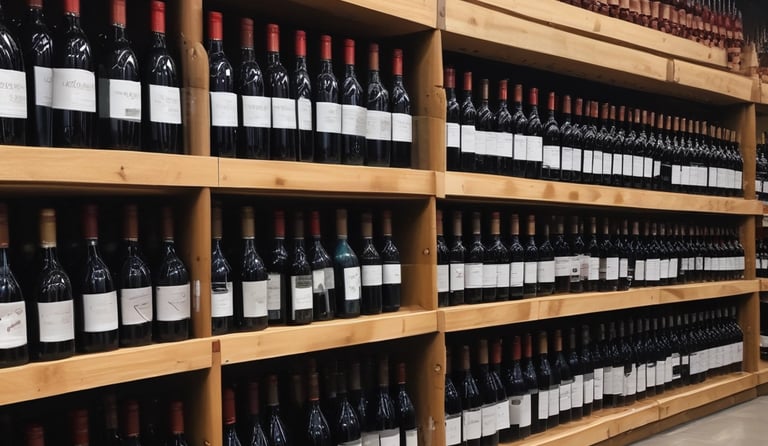 Elegant wine bottles displayed with soft lighting.