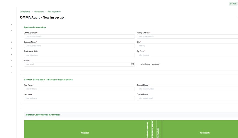 SeedSuite OMMA audit module showing new inspection form and general observations compliance table