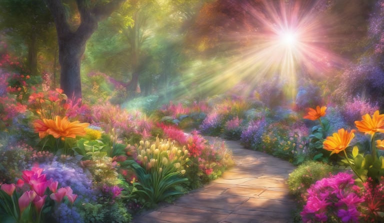 un chemin traverse un jardin fleuri et coloré avec les rayons du soleil
