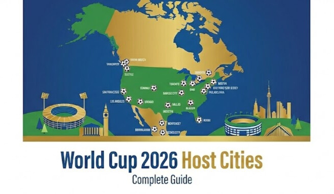 World Cup 2026 host cities map showing stadium locations in the USA, Canada and Mexico