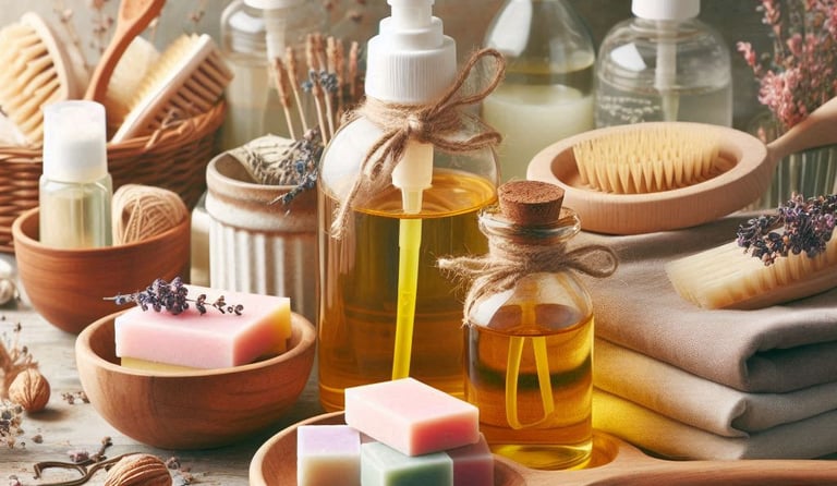 homemade soaps and gold colored liquids in pump bottles