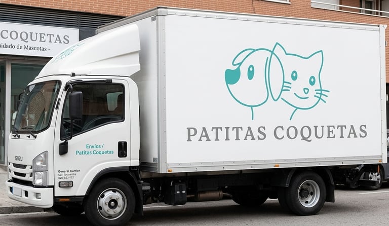 Camión de reparto Isuzu blanco de la boutique para mascotas Patitas Coquetas, con un logotipo de un 