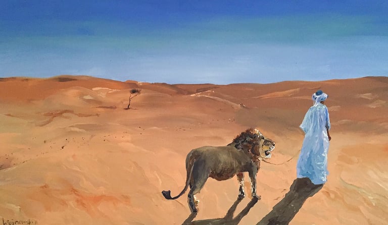 a man in a white robe is walking through the desert with lion