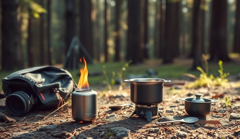 A minimalistic ultralight camping stove made from titanium, set against a backdrop of a forest.