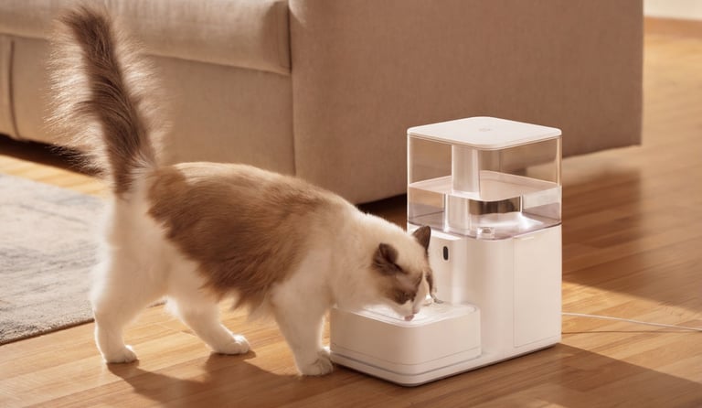 Witte kat drinkt uit een schone, transparante waterfontein in een woonkamer