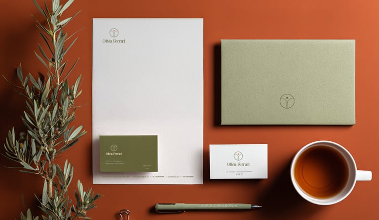 Set di cancelleria coordinata con logo, biglietti da visita e busta per comunicare un’identità visiv