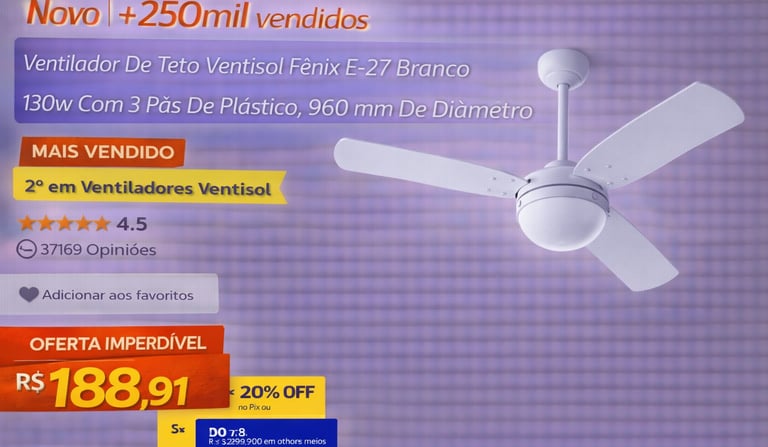 Ventilador de Teto Ventisol Fênix branco com 3 pás e motor de 130W em oferta promocional.