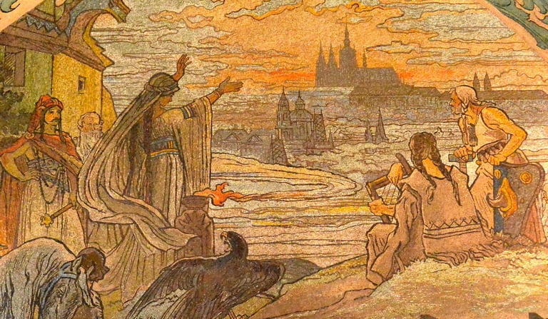 Mosaik mit Frauengestalt Libuse wahrsagt die Entstehung von Prag, Prager Burg als Panoramasicht