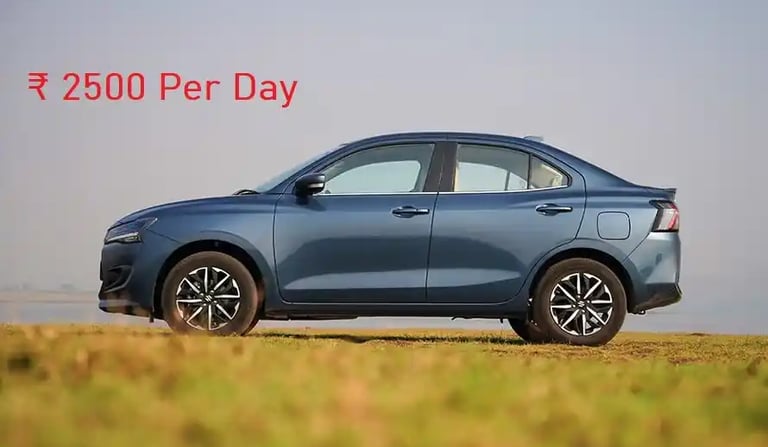 a blue swift dezire car parked in grassland