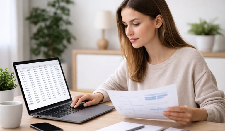 person reviewing credit report and financial data on laptop
