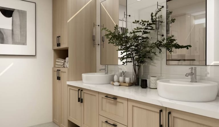 Bathroom remodel with a double vanity and vessel sinks.