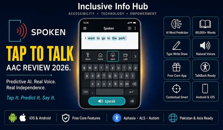 Spoken Tap to Talk AAC Review 2026 featured image showing AI word prediction interface with feature badges 
