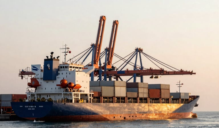 A wide-angle shot of cargo ships at a modern Southeast Asian / Indonesian port during sunset, warm lighting, Muted Steel Blue ocean colors and a clear Elegant Pearl White sky.