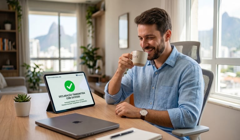 Contribuinte sorrindo com café na mão após enviar a declaração do Imposto de Renda auditada com sucesso e sem erros.