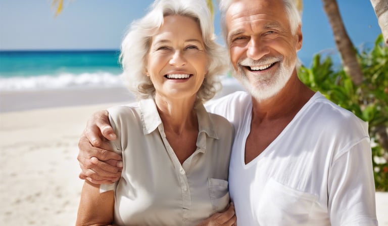 Healthy-Looking Happy smiling older couple on a tropical beach