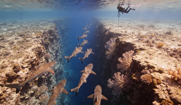 Scuba diver at a Palau channel edge as reef sharks cruise past a dramatic wall in clear deep blue water.