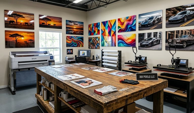 Custom print shop with Epson wide format printer, heat press machines, and wall art gallery.