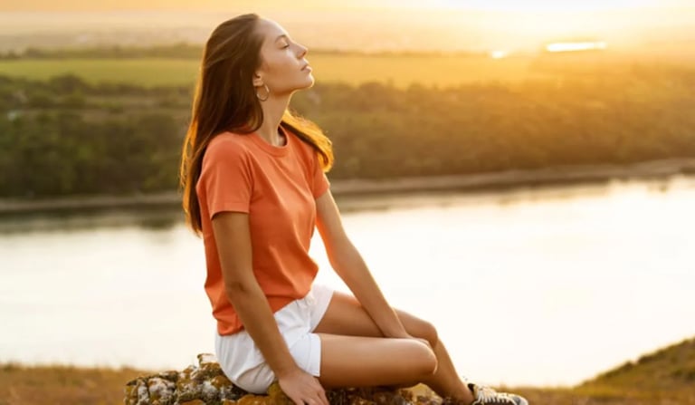 Mulher sentada ao ar livre, olhos fechados, respirando fundo e relaxando em um momento de tranquilid