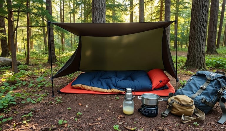 A minimalist campsite in a serene forest setting, featuring an ultralight tarp shelter.