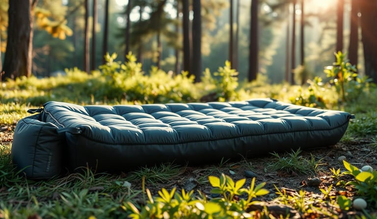 A lightweight sleeping pad designed for camping, featuring a compact, inflatable design.