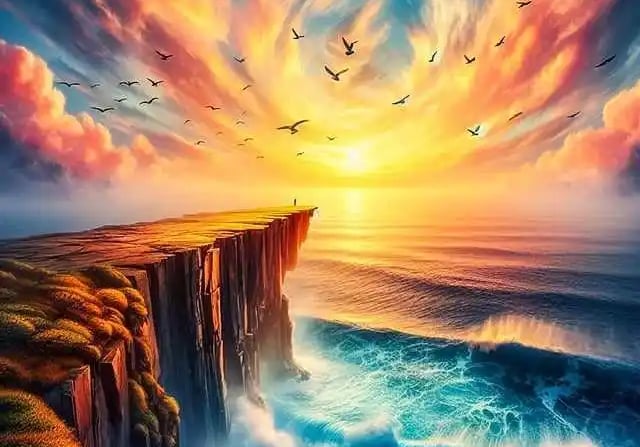 Promontoir rocheux s'avacçant dans la mer et coucher de soleil avec oiseaux dans le ciel orange