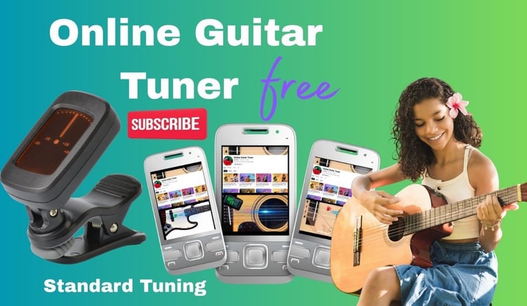 A girl playing acoustic guitar next to mobile phones displaying a free online guitar tuner app.