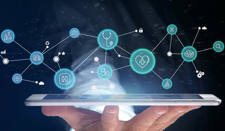 A person holding a tablet with connected healthcare icons
