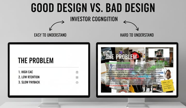 Good vs bad pitch deck design comparison showing cognitive load differences.