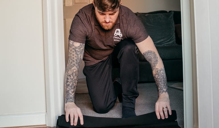 deanos removals rolling up a carpet in a worcester home