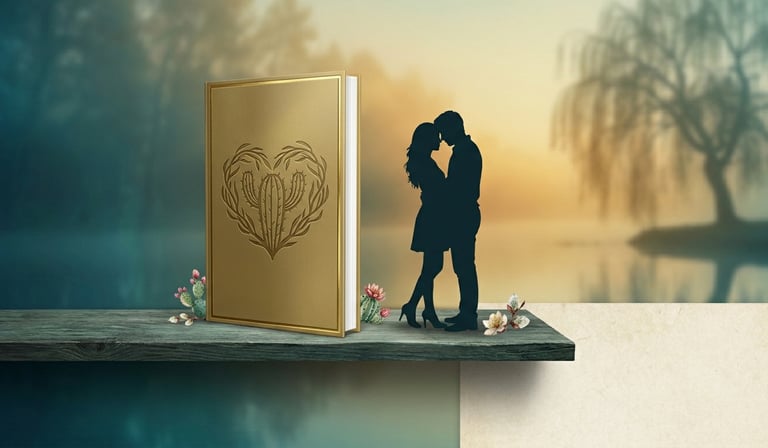 Picture of generic gold book, couple looking at each other, willow and pond in background