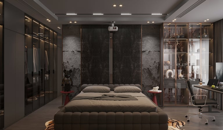 Luxury modern bedroom interior with dark grey aesthetic, tufted bed, and home office workstation.