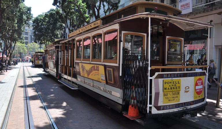 a cable car on a trolley in San Francisco