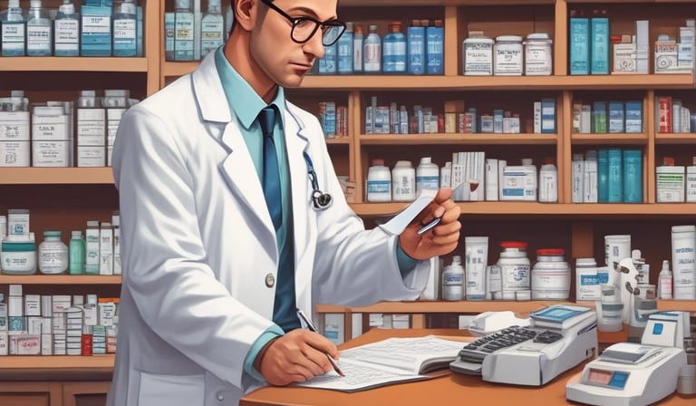 A pharmacy is seen through a glass storefront at night, brightly lit from inside. The doors and windows are transparent, revealing shelves stocked with various products. Signs are displayed on the glass, and there's a Coca-Cola vending machine visible. The interior lights highlight the organized arrangement of goods on the shelves.