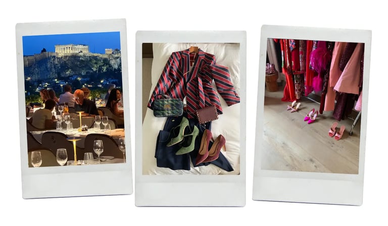 dhm.style spread with outdoor fine dining under Acropolis and luxury styling outfits.