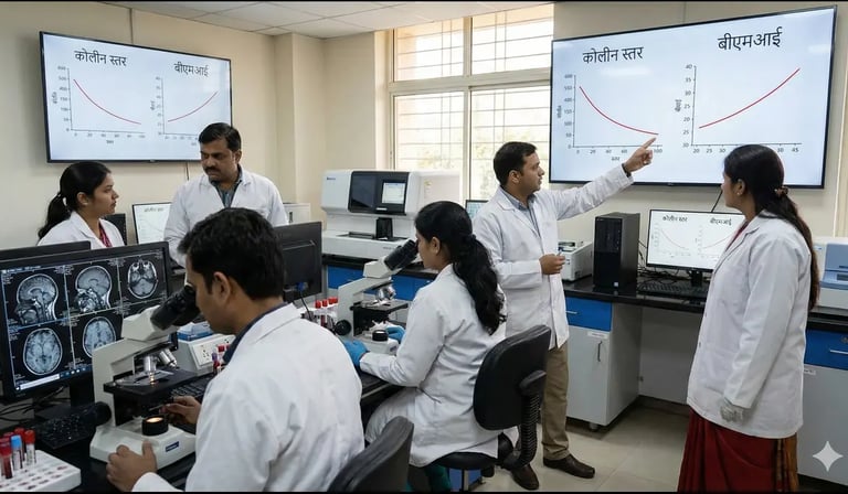 Scientists examining blood samples and brain MRI scans on monitors. Graphs showing declining choline