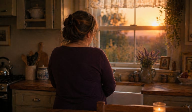 A woman looks out a rustic kitchen window at a golden sunset while standing by the sink.