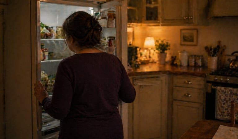 A woman looks inside an open refrigerator in a rustic kitchen at night.