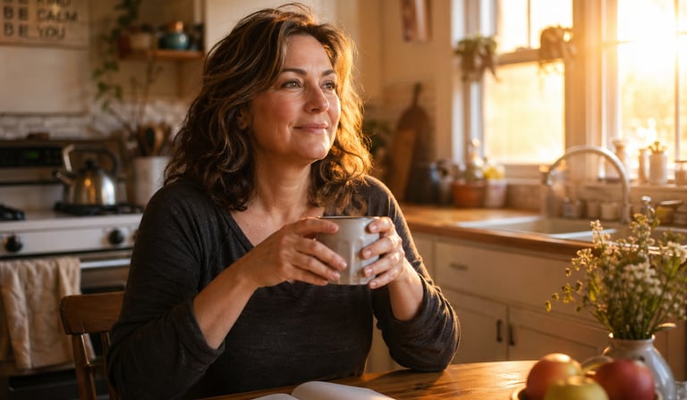 Smiling middle-aged woman drinking coffee and journaling in a sunlit rustic kitchen during a peaceful morning.